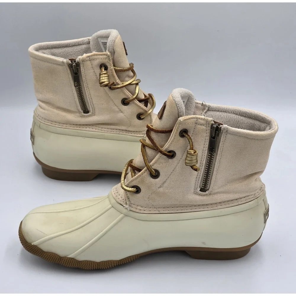 Sperry Waterproof Duck Booties Saltwater Canvas Oat/Gold‎ STS80493 Wmns Size 9